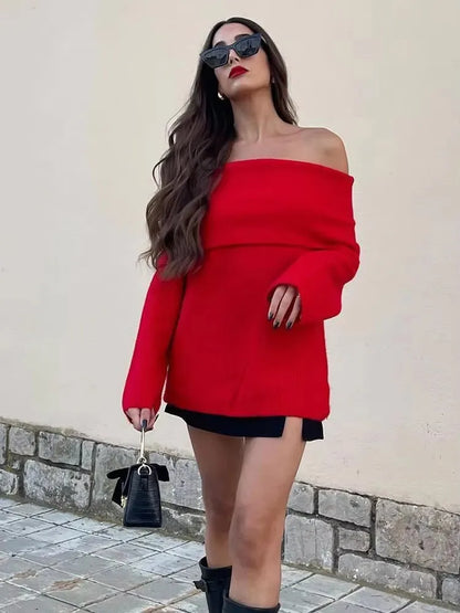 HH Women Fashion Solid Off Shoulder Sweater Long Sleeve Knitted Pullover Sweater Autumn Female Casual Knitwear Chic Top