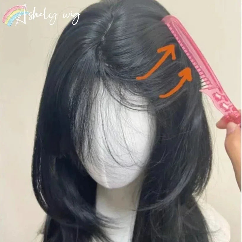 Ashely Black Wig Female Headband Body Wavy Rose Hair Net Models in French Bangs High Quality Simulation Hair Synthetic Wig 가발
