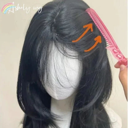 Ashely Black Wig Female Headband Body Wavy Rose Hair Net Models in French Bangs High Quality Simulation Hair Synthetic Wig 가발