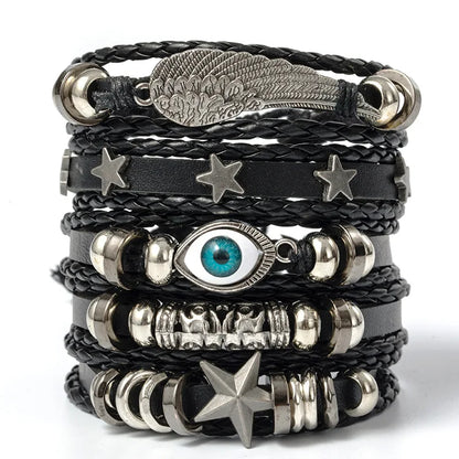 6pcs/Set Black Punk Skull & Star Shaped Alloy & Pu Leather Bracelet