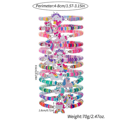 12Pcs/set Unicorn Cat Flower Charm Elastic Handmade Beaded Bracelets for Women Girls Birthday Party Jewelry Friendship Gift