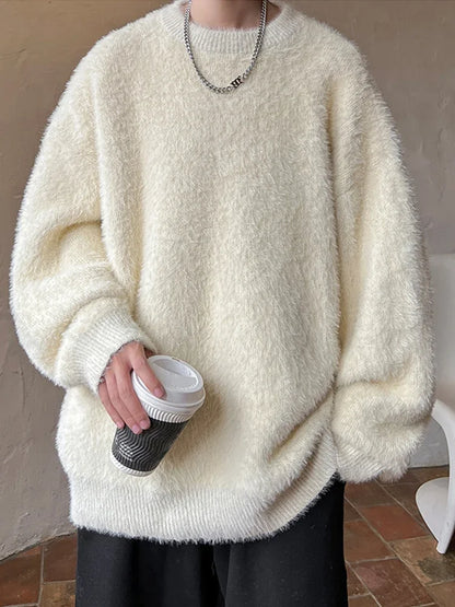 Autumn Men's Solid Fluffy Knitted Sweaters New Korean Fashion Loose Warm Pullovers Winter Couples Y2K Vintage Knitwear Jumpers