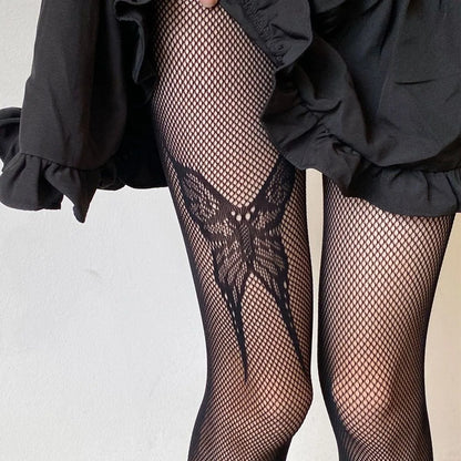 Kawaii Gothic Hollow Out Pantyhose Lolita Bow Knot Fishnet Stockings Women Spicy Girl Black White Sexy Thin Ins Tide Lace Tights