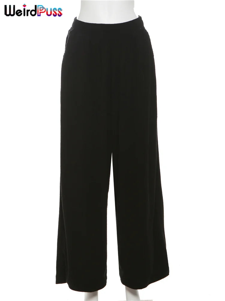 Weird Puss Y2K Casual Wide-Leg Pants Women Autumn Loose Simple Basic Pocket High Waist Trousers Corduroy Streetwear Long Bottoms
