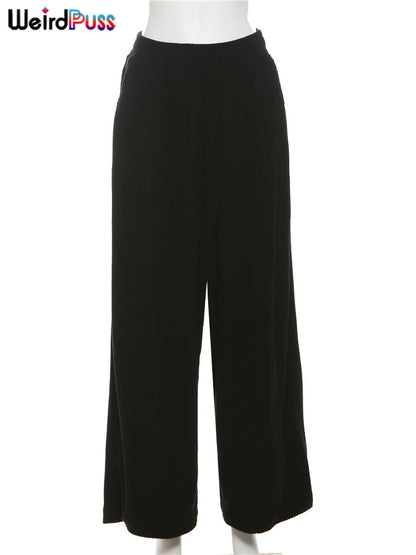 Weird Puss Y2K Casual Wide-Leg Pants Women Autumn Loose Simple Basic Pocket High Waist Trousers Corduroy Streetwear Long Bottoms