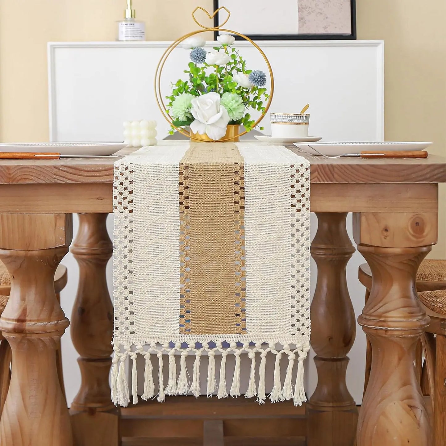 Boho Farmhouse Linen Table Runner with Tassels¨CRustic Macrame, Burlap & Cotton Blend for Summer Home Decor and Holiday Events