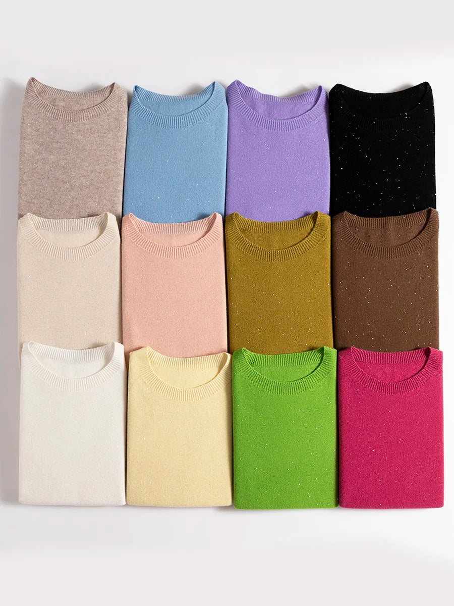 SuyaDream, 100%Merino Wool Pullovers for Woman, Round Neck, Short Sleeved Sweaters, 2025 Fall Winter Soft Warm Top, Pink, Olive