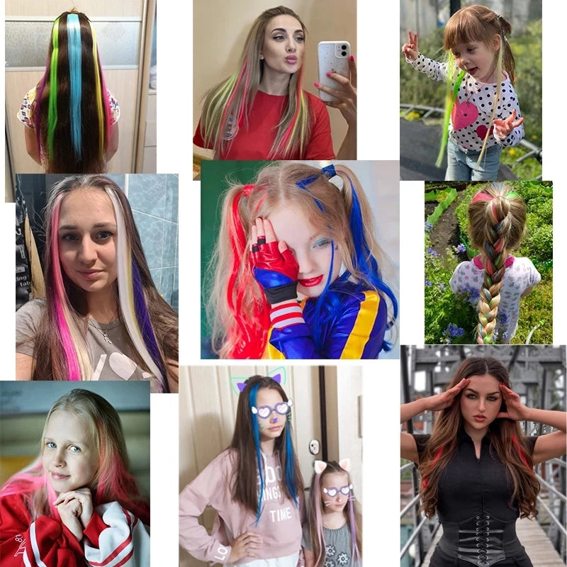 5PCS 22Inch Synthetic Long Straight Hair Clips Rainbow Hair Extension Colored Red Green Blue Hairpiece for Women