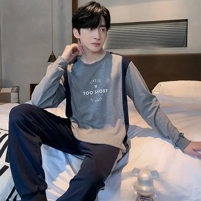 Spring Autumn Plus 4XL Knitted Men's Sleepwear Letter Lattice Pajamas Plaid Pajamas Sets Casual Loungewear Pyjamas Night Fashion