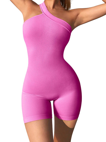 Women's Yoga Rompers One Piece Tummy Control Seamless Ribbed Jumpsuit One Shoulder One Piece Fashion Fitness Sportwear