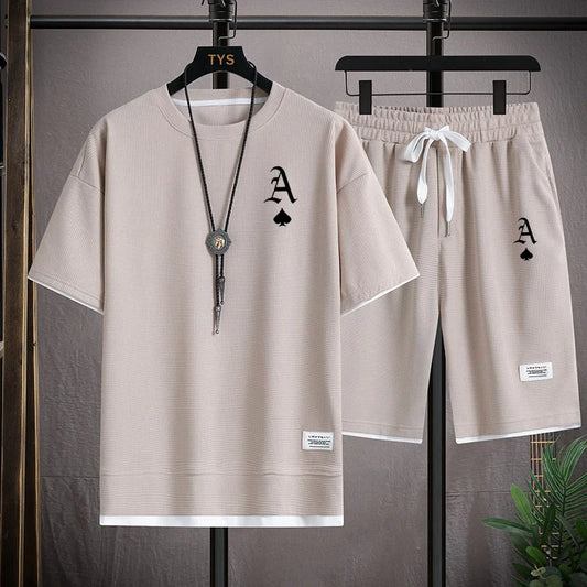 Fashionable casual men's sports suit short-sleeved T-shirt and outdoor summer sports shorts two-piece set daily casual