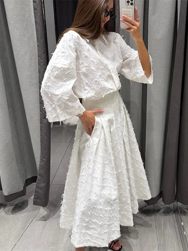 Elegant Shirt Skirt Set Women Lapel Long Sleeve Loose T-shirt High Waist Pleated Long Skirts Suits 2025 Autumn Street Lady Sets