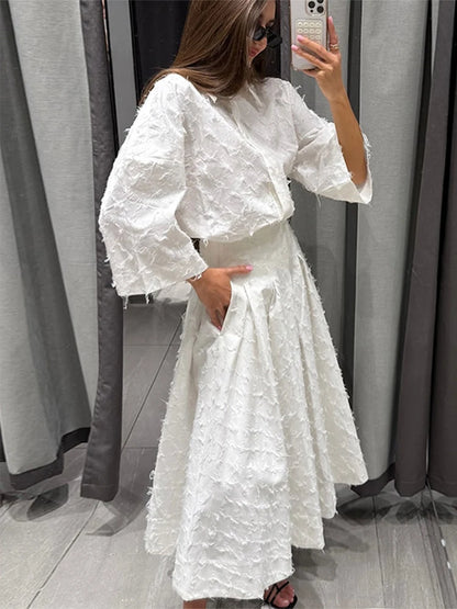 Elegant Shirt Skirt Set Women Lapel Long Sleeve Loose T-shirt High Waist Pleated Long Skirts Suits 2025 Autumn Street Lady Sets