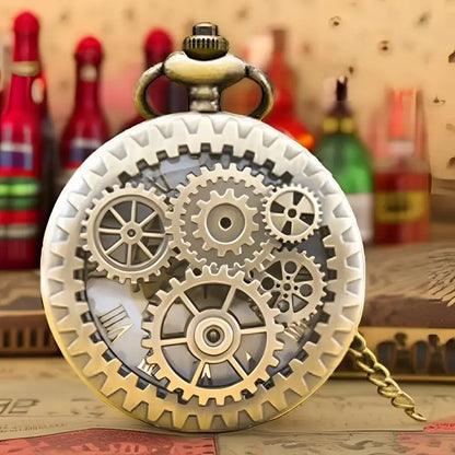 Vintage Bronze Steampunk Copper Cutout Gear Quartz Pocket Watch Necklace Pendant Clock Chain Men Women Chain Gift