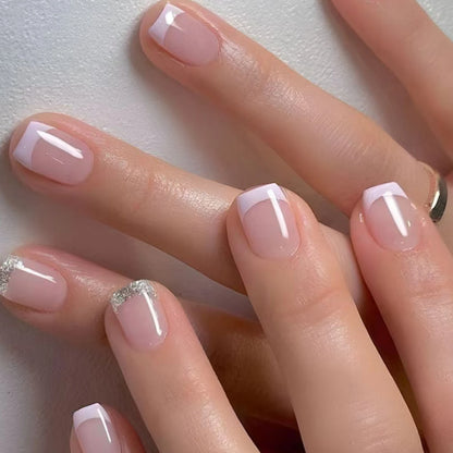 ARTAUG 24PCS Short Press On Nails Square Pink Fingertip White French Trim Press On Nails Full Cover Fake Nails Set Nail