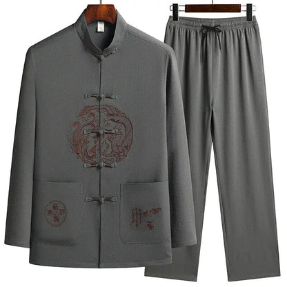 Male printing Chinese style long sleeves shirts trouser 100% Cotton Silk fabric Sportswear Men's Casual Sets Shirts + Pants