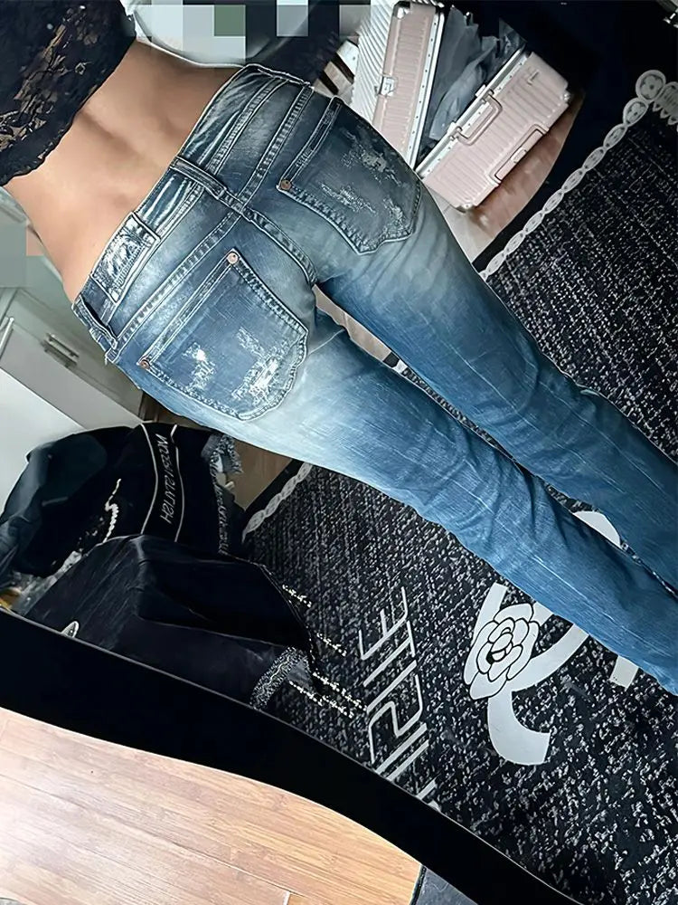Women Vintage Washed Ripped Jeans Y2K American Retro Low Rise Slim Denim Pants Streetwear 2000s 90s Trousers Bell Bottom