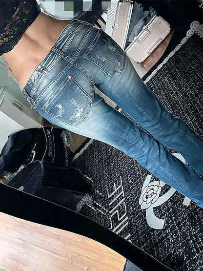 Women Vintage Washed Ripped Jeans Y2K American Retro Low Rise Slim Denim Pants Streetwear 2000s 90s Trousers Bell Bottom