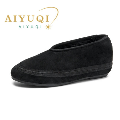 AIYUQI Winter Flat Shoes Women 2025 New Fur Lining Warm Women Snow Shoes Genuine Leather Comfortable Female Winter Ballet Shoes