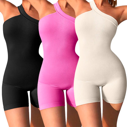 Women's Yoga Rompers One Piece Tummy Control Seamless Ribbed Jumpsuit One Shoulder One Piece Fashion Fitness Sportwear