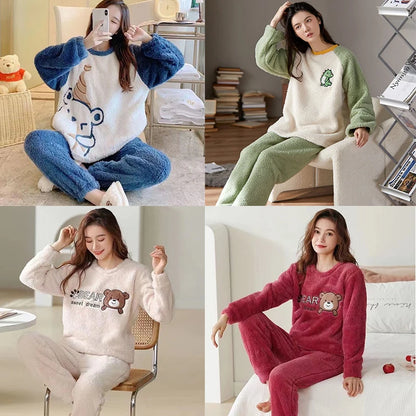 Thickened Warm Flannel Women¡®s Sleepwear Coral Velvet Pajamas Winter Cute Cartoon Bear Padded Two Sets Girl Nightwear Loungewear