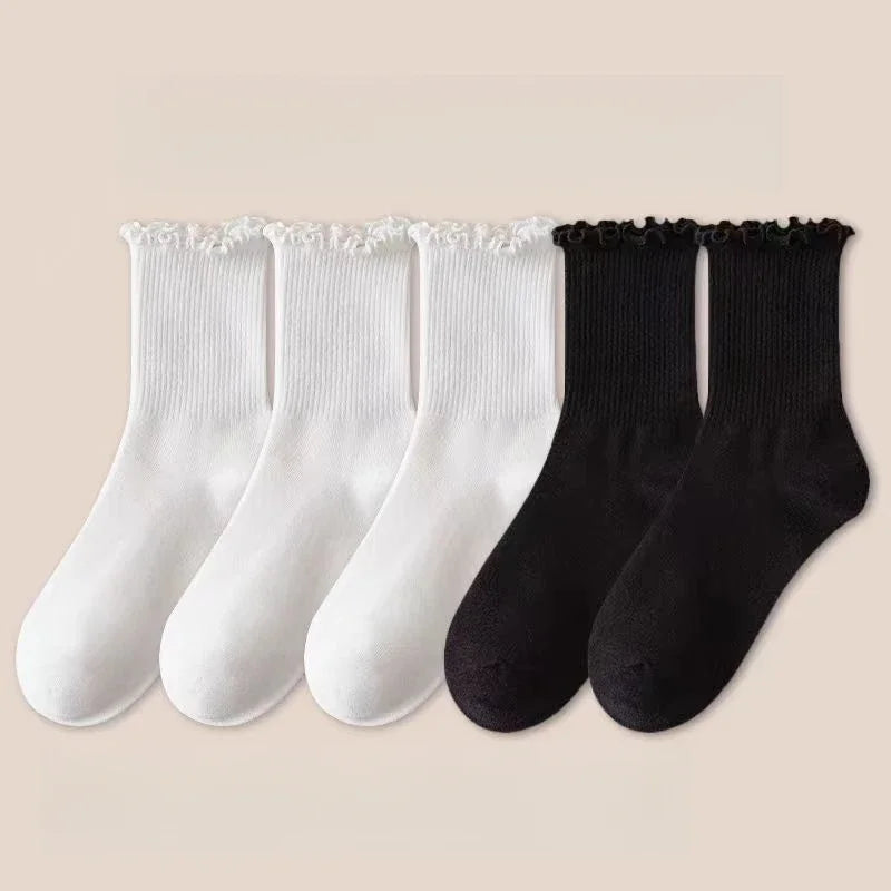 5 Pairs /Lot Socks for Women Ruffle Middle Tube Ankle Short Breathable Black White Set Spring Autumn