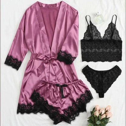 Women's Fashion Pajama Print Sexy Lace Trim Faux Silk Satin Pajama Set Gown Skin Friendly Comfort Loungewear Sexy Pajamas