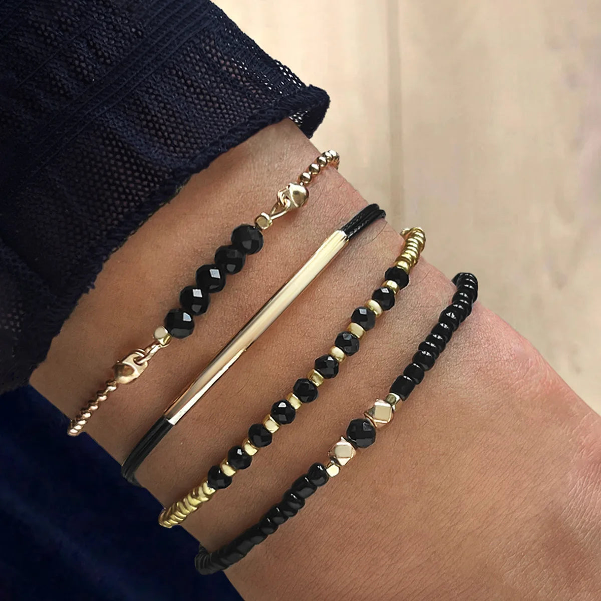 Handmade Black Glass Stone Bracelet Set For Women Simple Braided Rope Beads Chain Bangle Female Fashion Jewelry Accessories