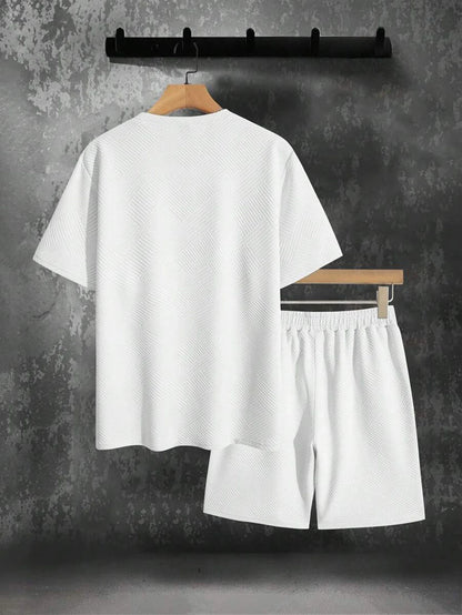Men's Textured Letter Patched Round Neck Tee & Drawstring Shorts Two-Piece Set Regular Fit Casual Short Sleeve T shirt & Shorts
