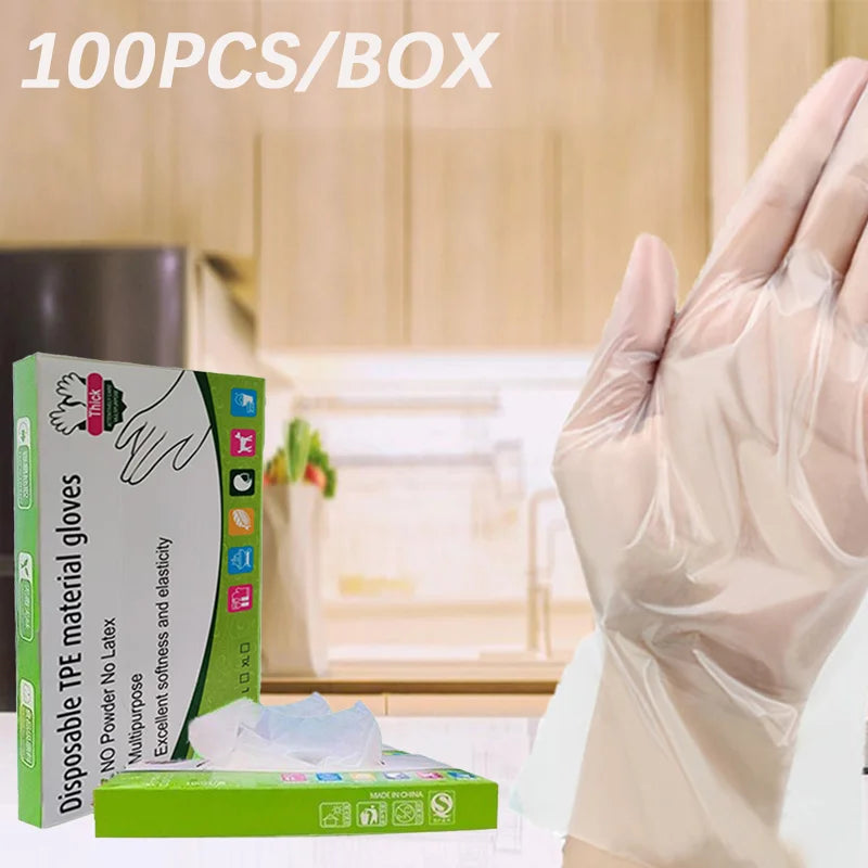 100PCS/BOX Latex Free Gloves TPE Disposable Gloves Transparent Non-Slip Acid Work Safety Food Grade Household Cleaning Gloves