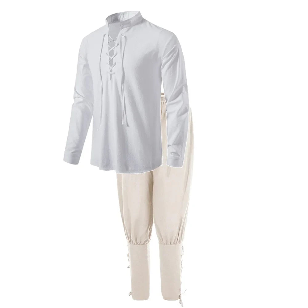 2Pcs Men's Medieval Knight Costume Set Renaissance Cosplay Pirate Shirts Ankle Banded Pants For Halloween Cotton Linen Fabric