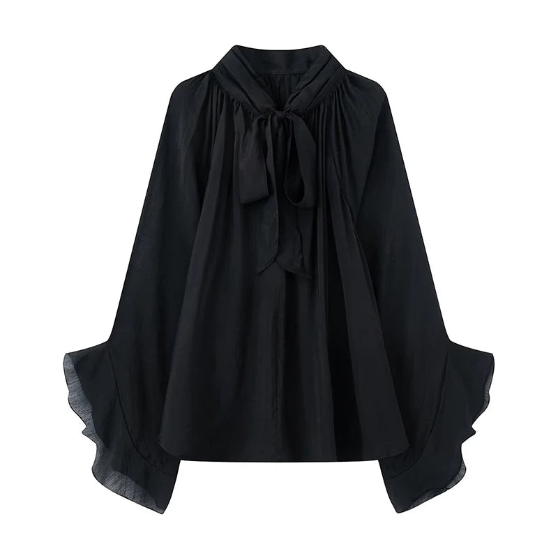 Perspective Women Shirt 2025 Autumn New Bow Tied Blouse Woman Tops Lady Ruffles Flare Sleeve Loose Elegant Blouses