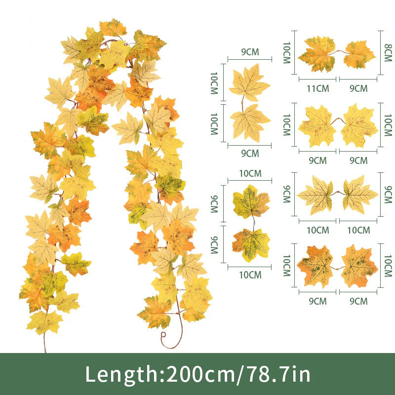 2M Artificial Maple Leaf Garland Fake Fallen Leaves Autumn Decor Rattan for Thanksgiving Halloween Festivals Wedding Xmas Decor