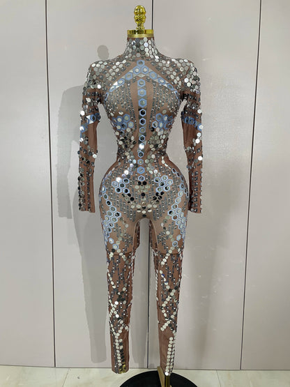 Sexy Shiny Silver Sequins Mirror Black Spandex Jumpsuit 2025 Women Prom Dancer Singer Costume Evening Birthday Show Stage Outfit