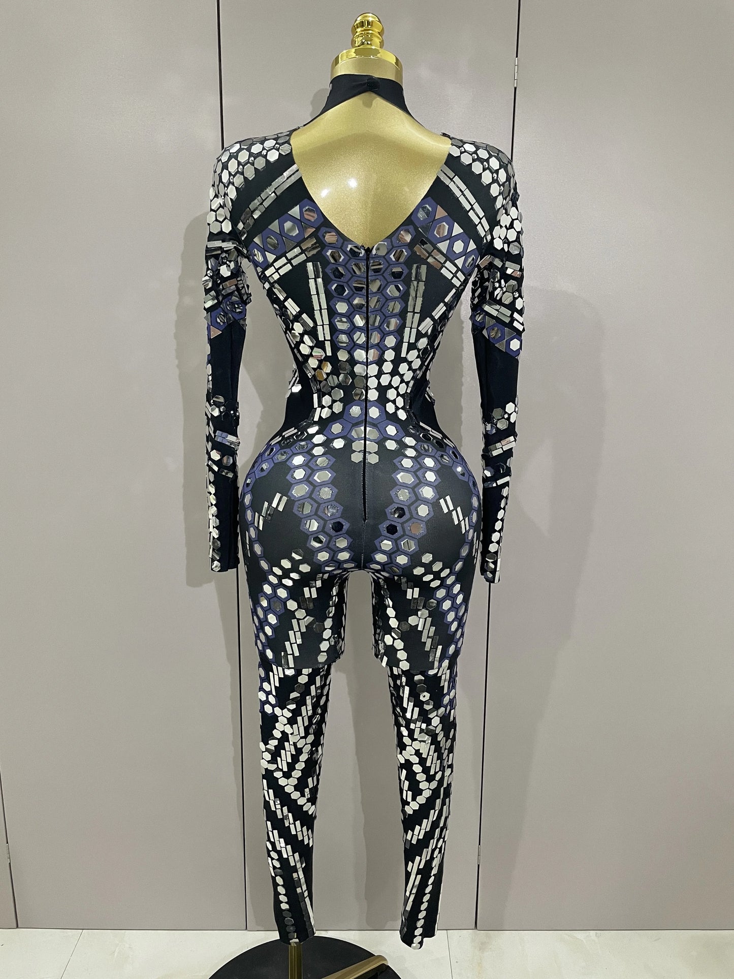 Sexy Shiny Silver Sequins Mirror Black Spandex Jumpsuit 2025 Women Prom Dancer Singer Costume Evening Birthday Show Stage Outfit