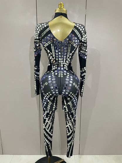 Sexy Shiny Silver Sequins Mirror Black Spandex Jumpsuit 2025 Women Prom Dancer Singer Costume Evening Birthday Show Stage Outfit