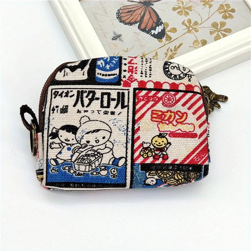 Women's Canvas Cartoon Prints Keychain Wallet Small Card Organizer Key Pouch Ladies Money Bag Coin Purse for Children Girls Boys