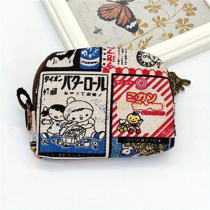 Women's Canvas Cartoon Prints Keychain Wallet Small Card Organizer Key Pouch Ladies Money Bag Coin Purse for Children Girls Boys