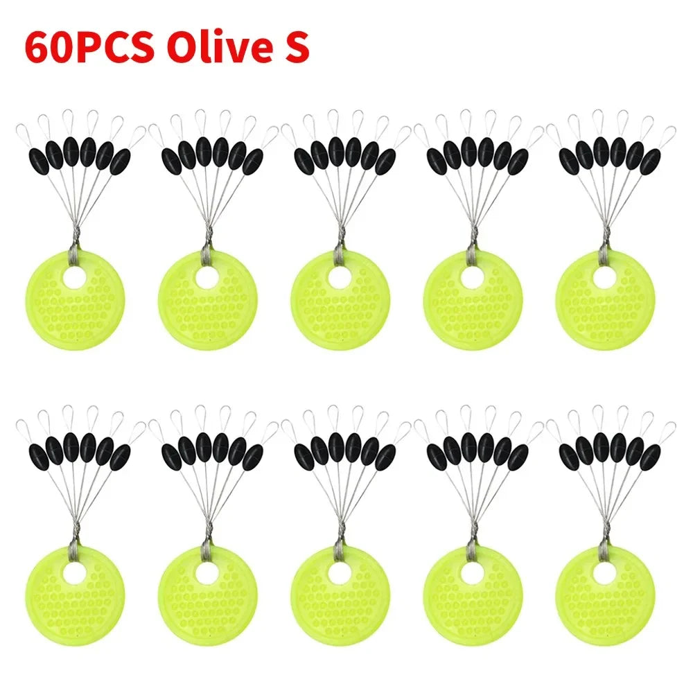 60pcs/Set 10 Group Rubber Space Beans?Stopper Oval/Long Column Shaped Fishing Line Space Beans Vertical Beans Fish Bobber Tools