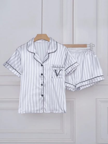 Striped Embroidered Letter Pocket Short Sleeve and Shorts Pajama Set, Casual Satin Sleepwear with Lapel Collar and Button Detail