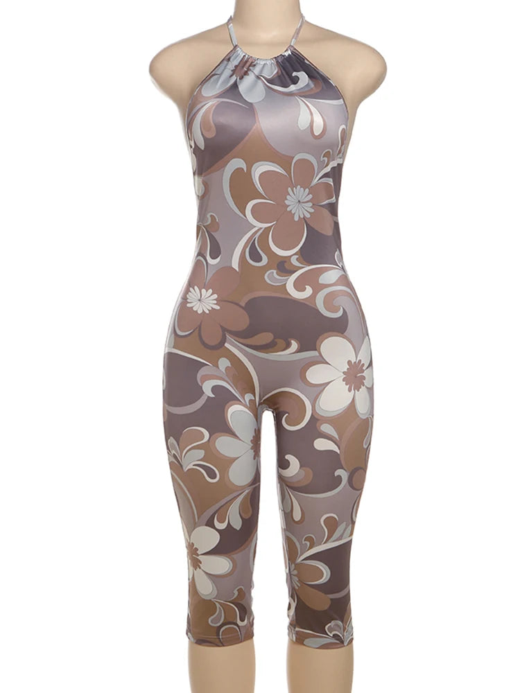 Sisterlinda Aesthetic Print Halter Playsuits Fashion Sexy Backless Bandage Body-shaping Rompers Female Attractive Club One Piece