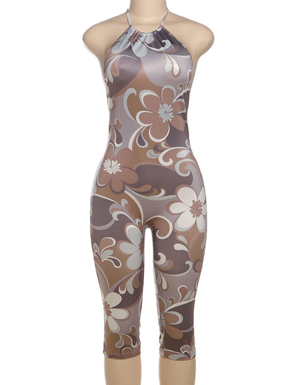 Sisterlinda Aesthetic Print Halter Playsuits Fashion Sexy Backless Bandage Body-shaping Rompers Female Attractive Club One Piece