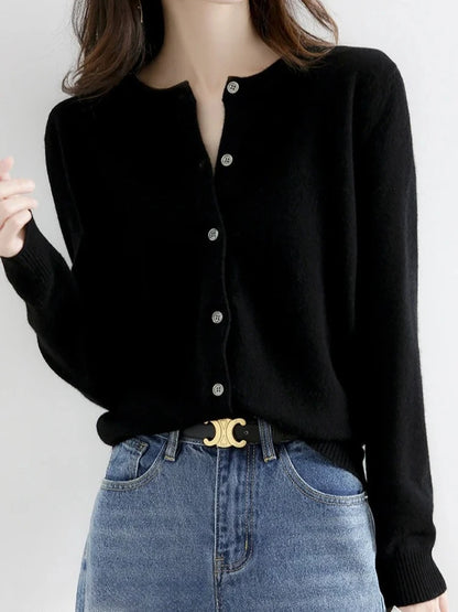 2025 New Worsted Spring And Autumn Women Cardigan Round Neck Knitwear Solid Color Fashion High-grade Knitwear Sweater