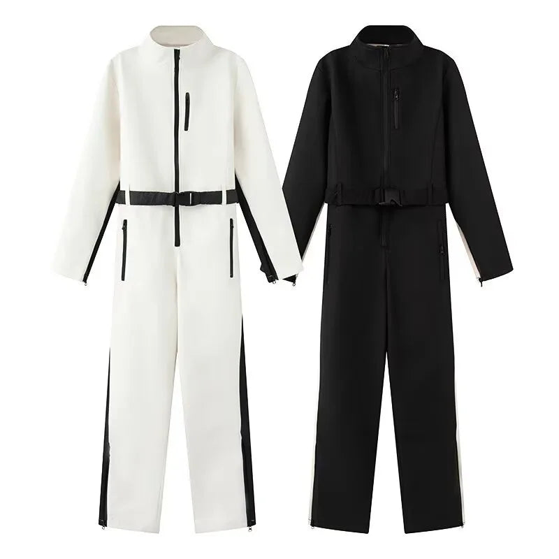 2025 Women's Elegant Skateboard One-piece Fleece Ski Bodysuit Female Long Sleeve Waterproof Windproof Patchwork Skiing Jumpsuits