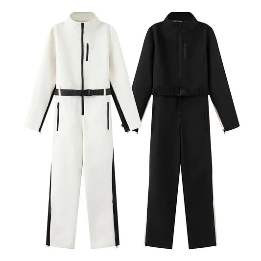 2025 Women's Elegant Skateboard One-piece Fleece Ski Bodysuit Female Long Sleeve Waterproof Windproof Patchwork Skiing Jumpsuits