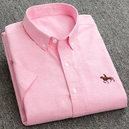 100% Pure Cotton Oxford Shirt For Men¡¯s Short Sleeve Solid Stripe Leisure Embroidered Horse Social Business Formal Dress Shirts