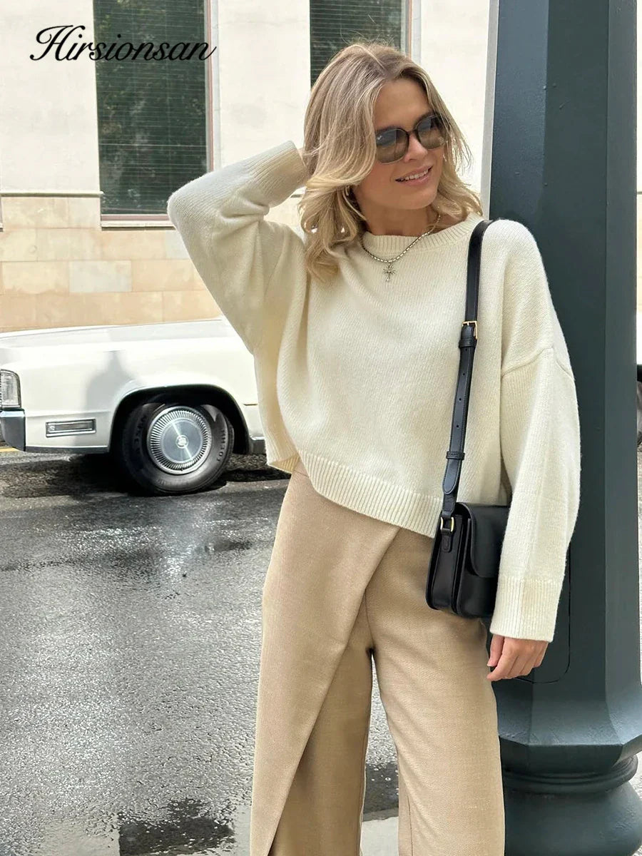 Hirsionsan Basic O Neck Basic Sleeve Sweater Women 2025 Oversized Short Knitted Pullovers Female Casual Thick Warm Soft Tops