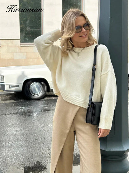 Hirsionsan Basic O Neck Basic Sleeve Sweater Women 2025 Oversized Short Knitted Pullovers Female Casual Thick Warm Soft Tops