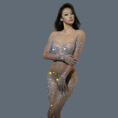 Flashing Rhinestones Halloween Jumpsuit With Gloves Sleeve Women Sexy Mesh Performance Dance Costume Nightclub Stage Outfit
