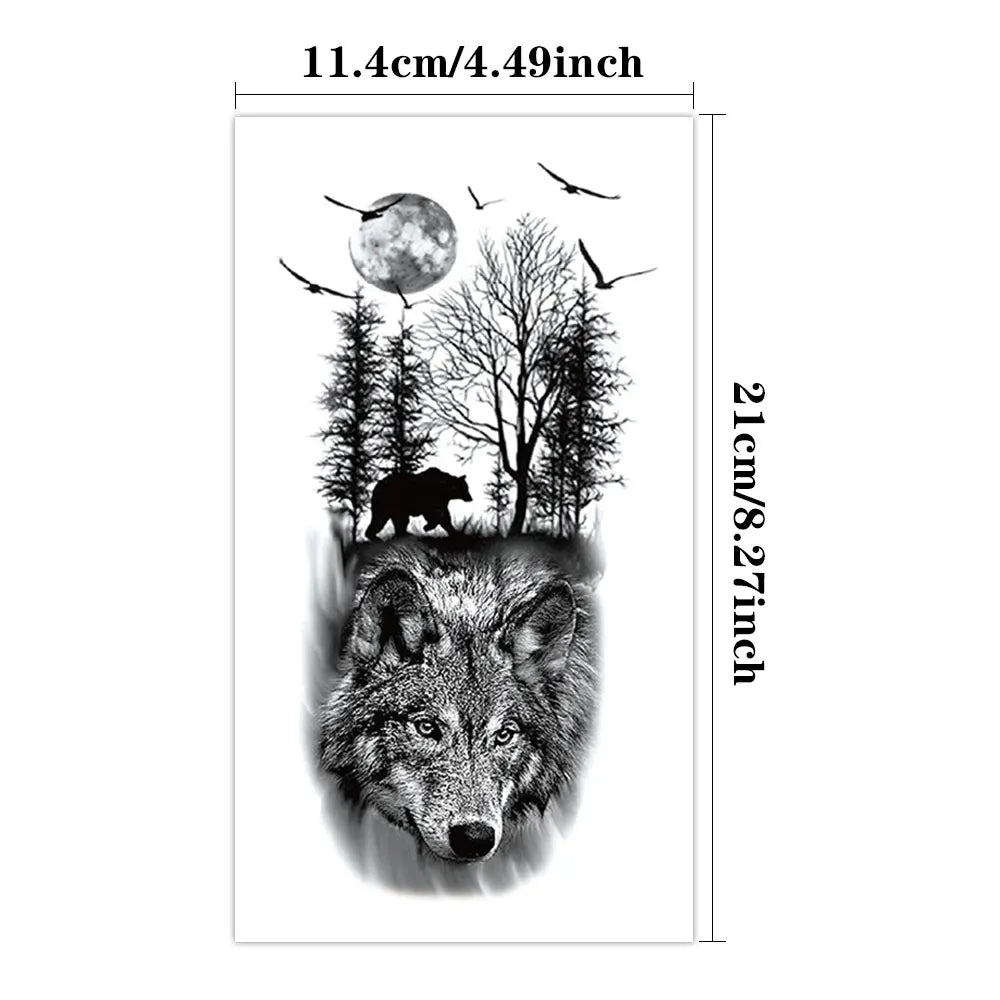 Waterproof Temporary Tattoo Sticker Realistic Animal Forest Wolf Bear Bird Moon Body Art Arm Fake Tattoos Sleeve Women Men Leg